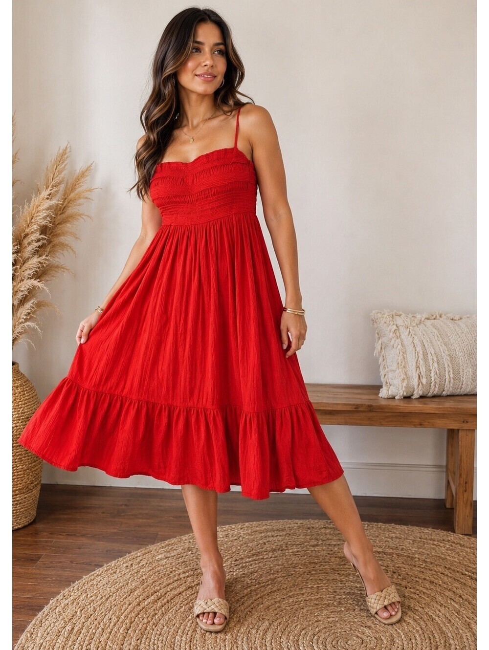TORRID Red Smoked Midi Dress Size 1 (14w) Spaghetti Straps Boho Lined‎
